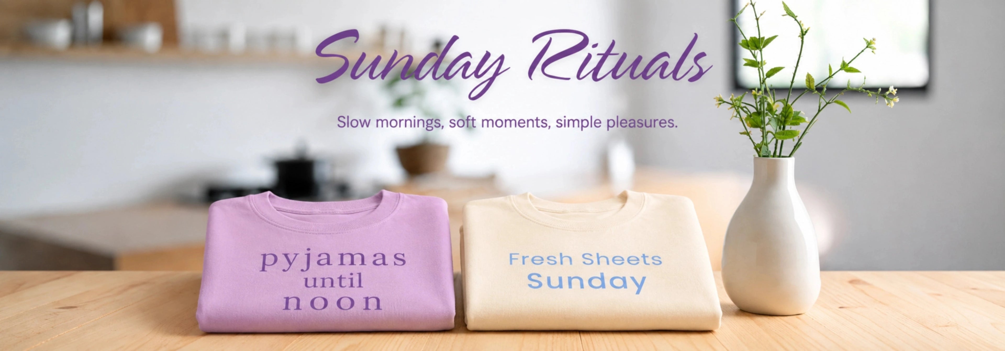 Sunday Rituals collection banner with folded Pyjamas Until Noon and Fresh Sheets Sunday T-shirts on a wooden table beside a white vase, with soft kitchen light in the background.