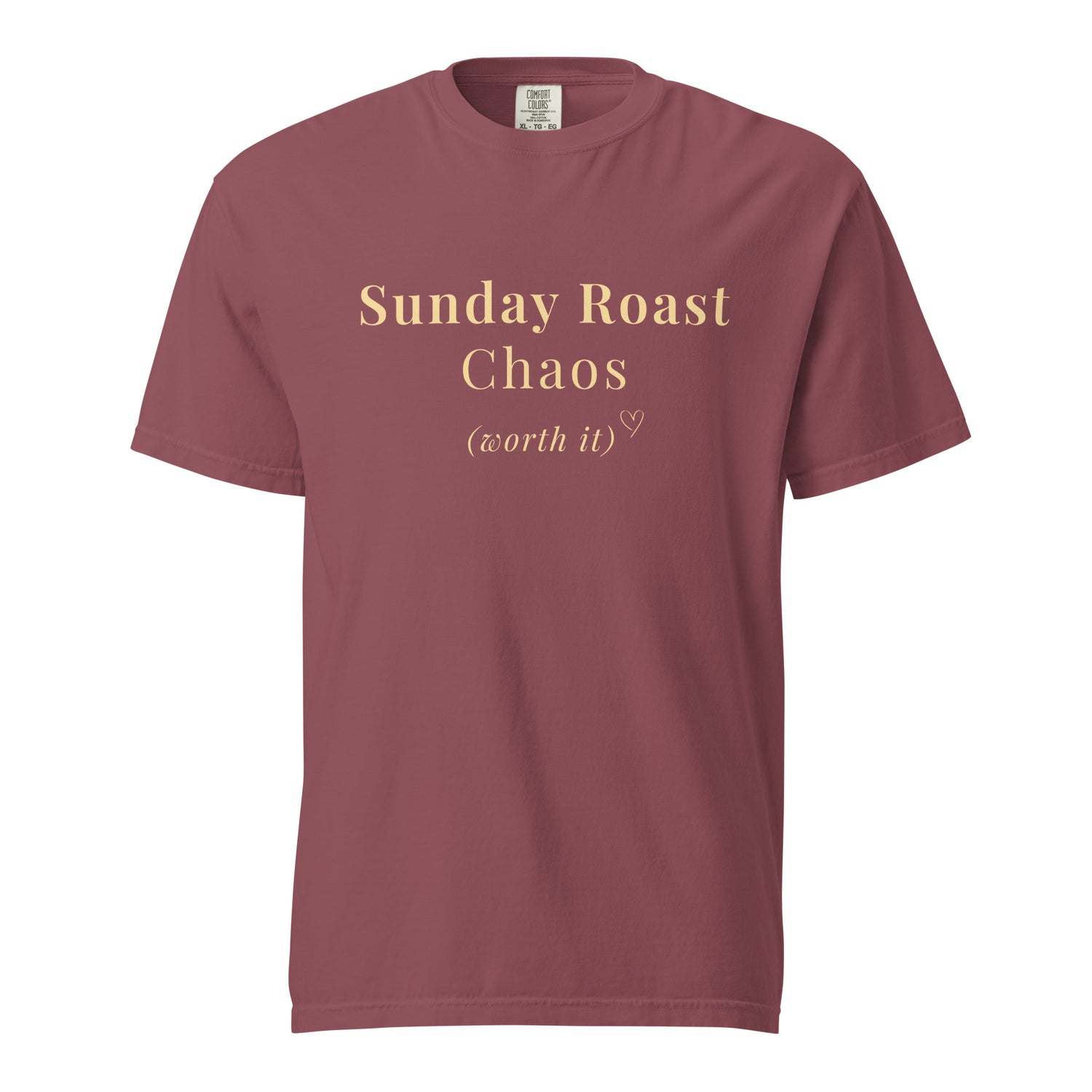 Comfort Colors burgundy T-shirt with Sunday Roast Chaos (worth it) graphic in warm cream lettering