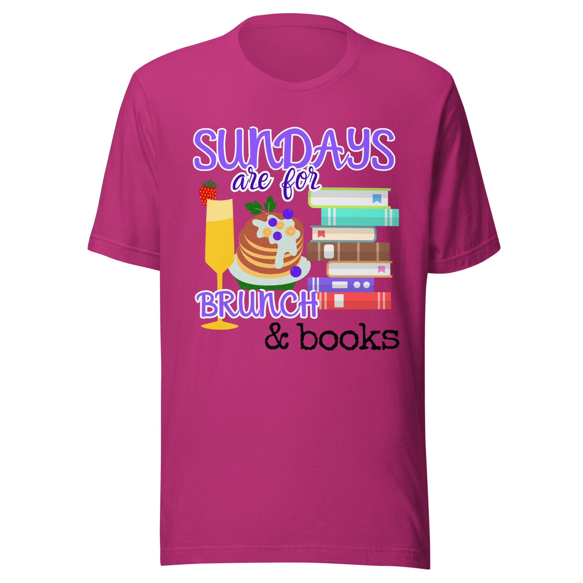Berry-coloured T-shirt featuring brunch and books design, book lover pink tee