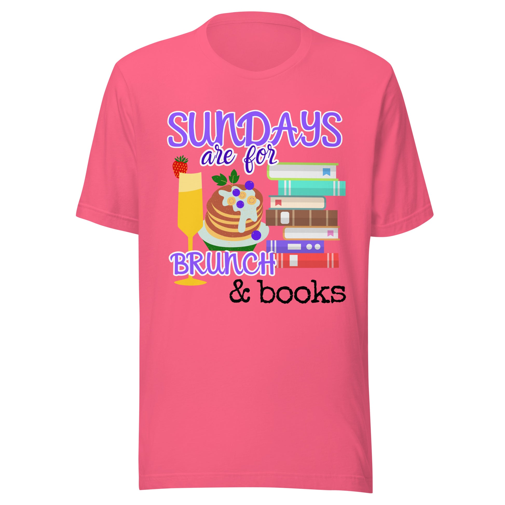 Pink T-shirt featuring “Sundays Are for Brunch and Books” design with pancakes, books, and brunch illustration
