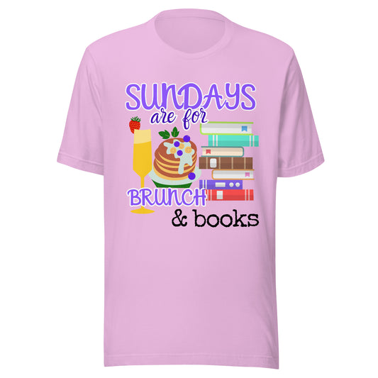 Light purple T-shirt with brunch and books graphic, cosy Sunday style