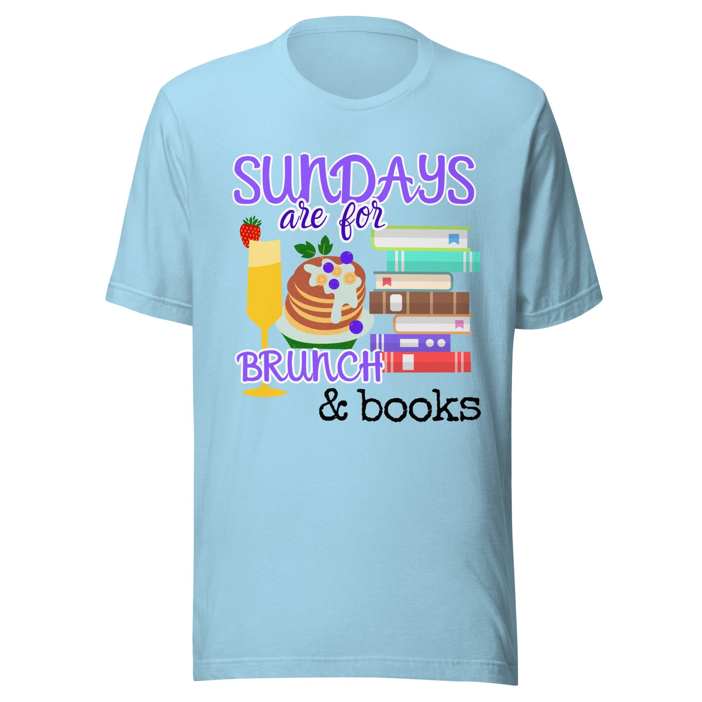 Ocean blue T-shirt with Sundays Are for Brunch and Books illustration, relaxed weekend wear