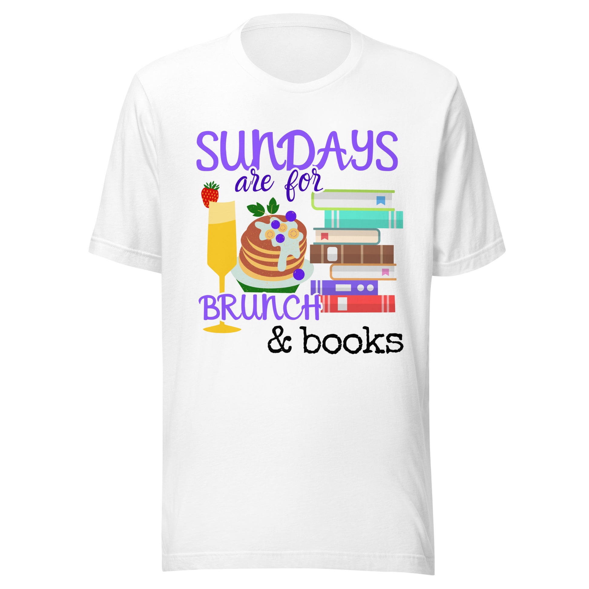 White T-shirt featuring brunch and books graphic, joyful living design