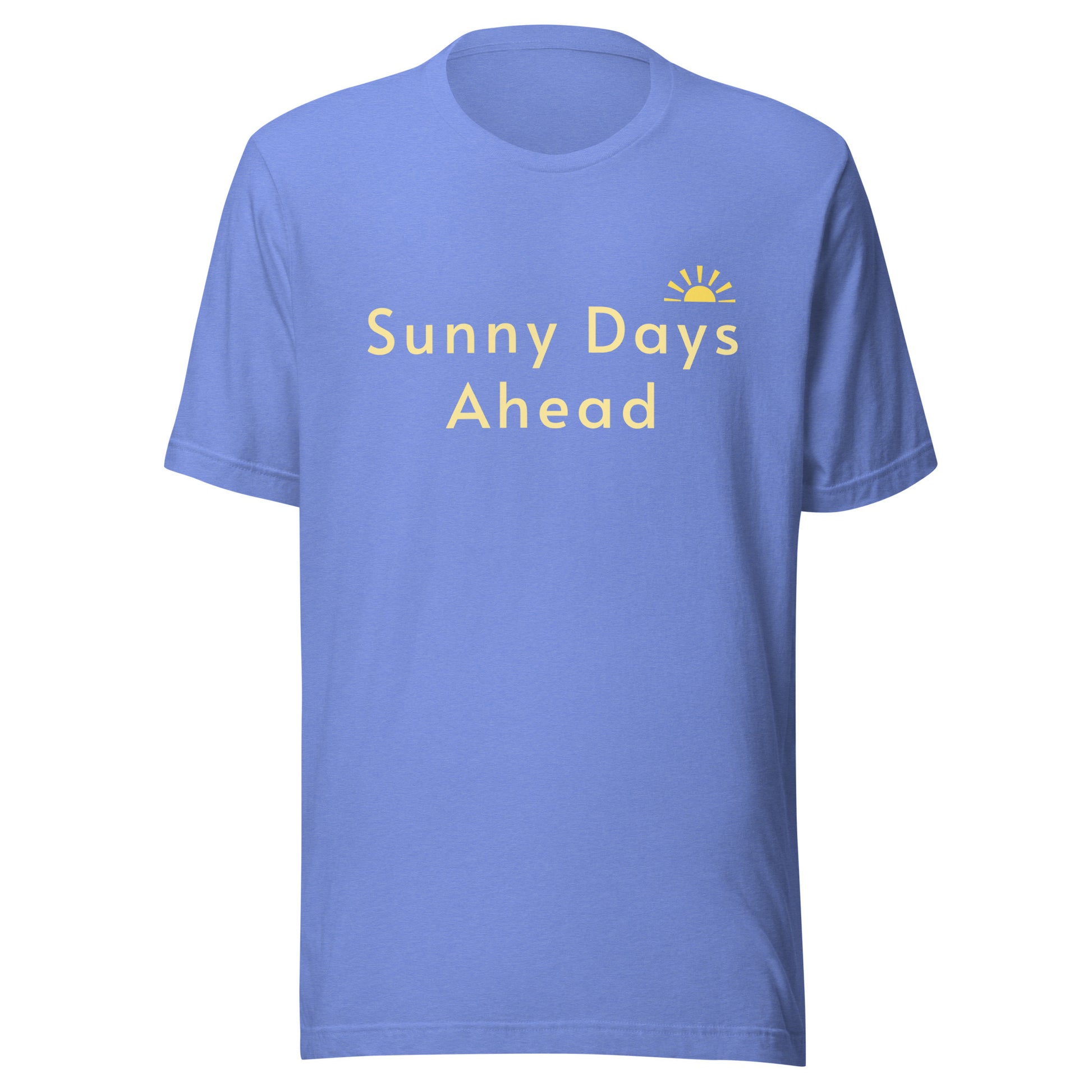 Heather Columbia Blue Sunny Days Ahead T-shirt product mockup with pale yellow text and sun detail.