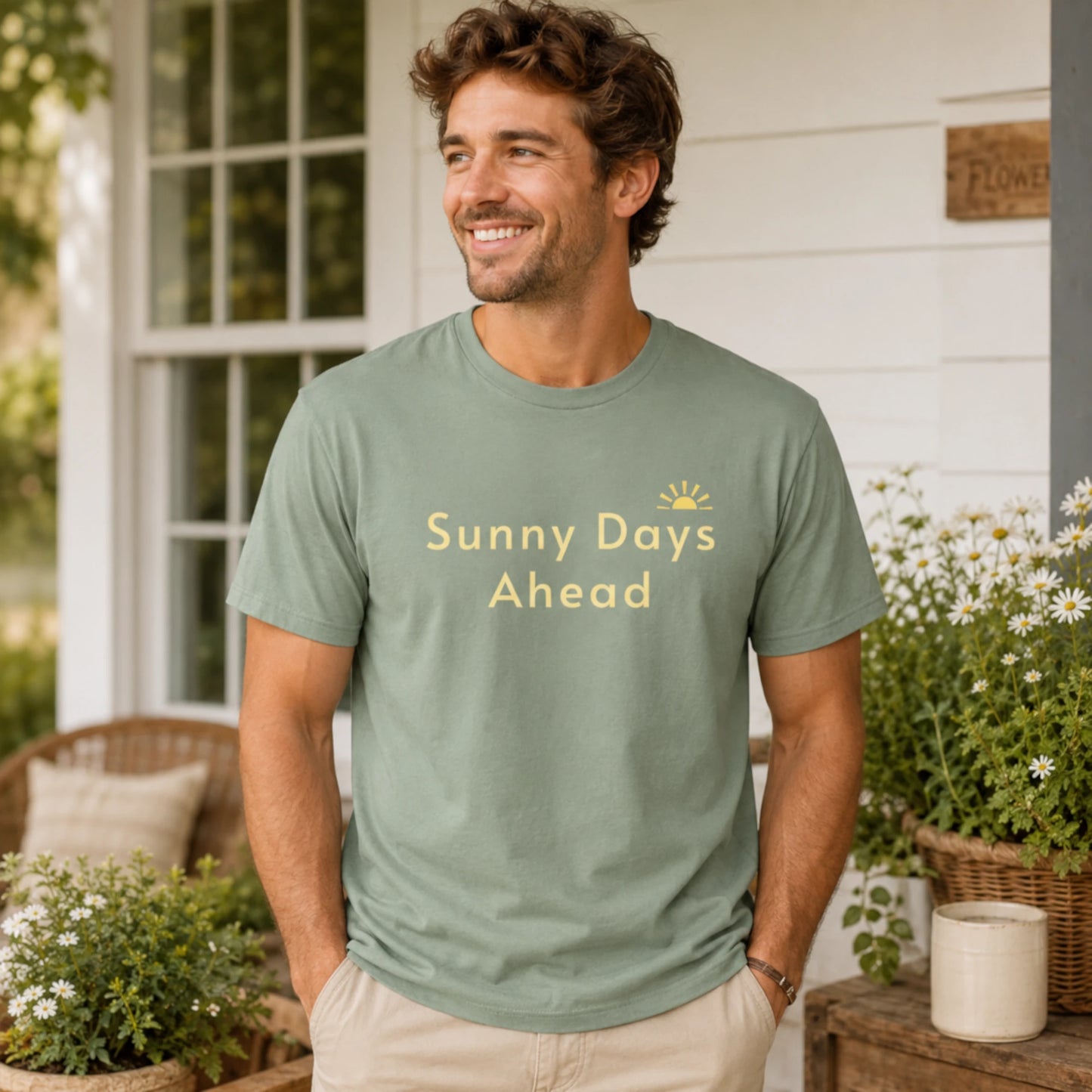 Male model wearing a Sage Sunny Days Ahead T-shirt in a warm, relaxed porch lifestyle setting.
