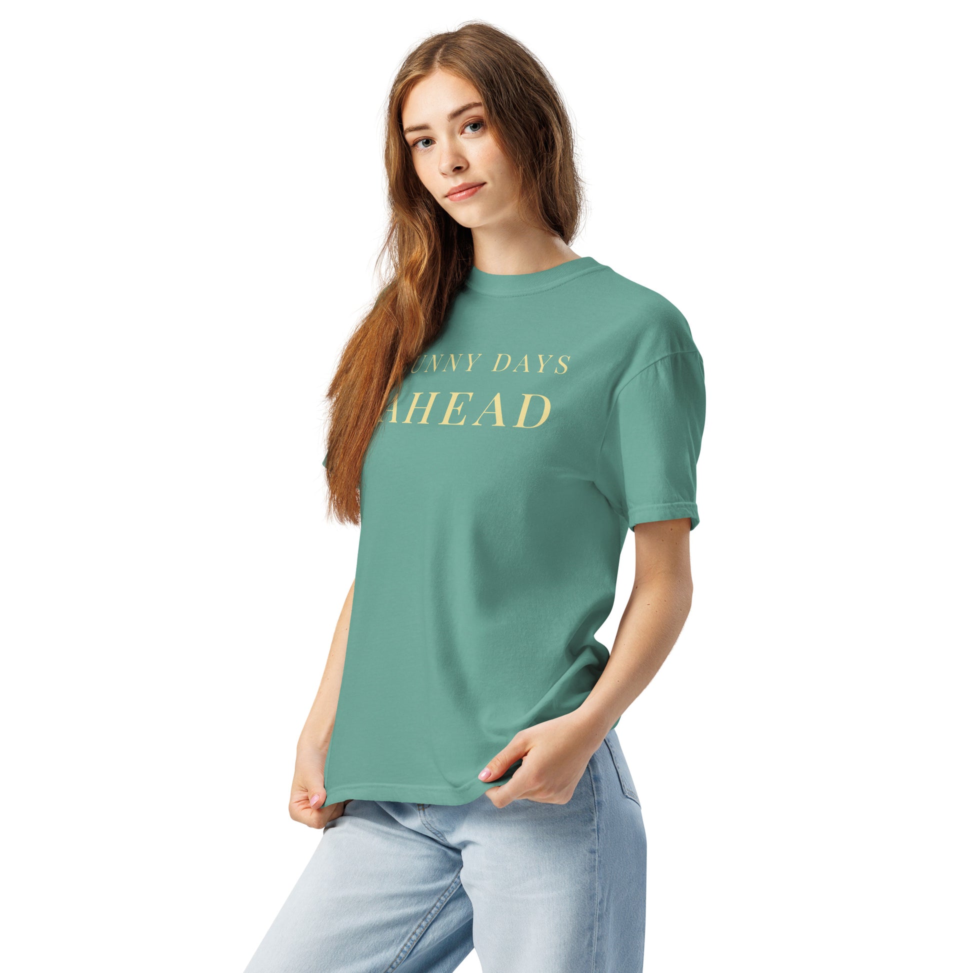 Model styling Seafoam Sunny Days Ahead motivational graphic t-shirt