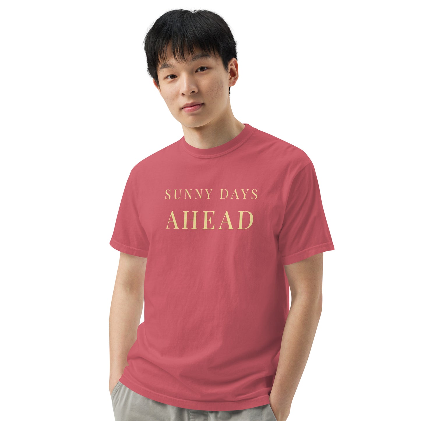 Model wearing Sunny Days Ahead Watermelon Comfort Colors positive message t-shirt