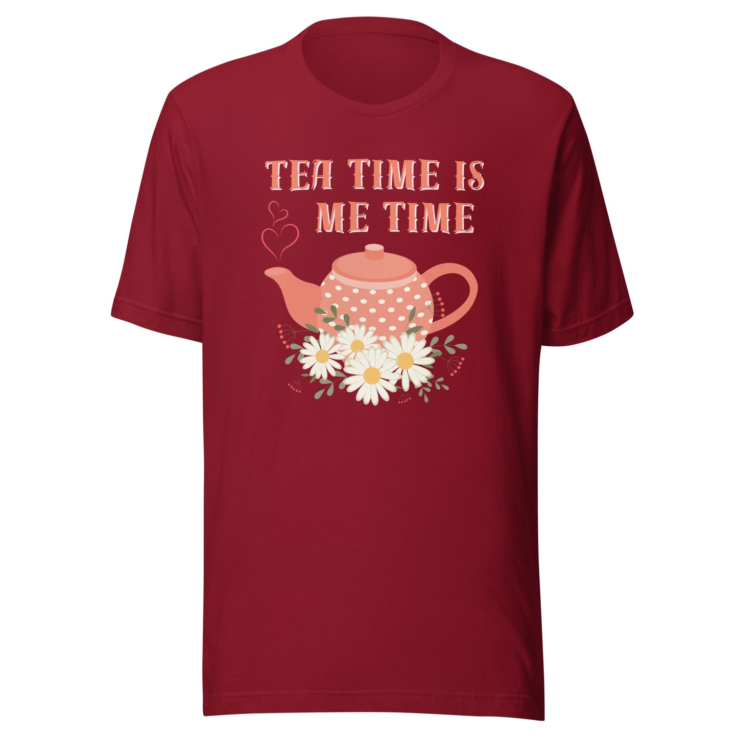Tea Time Is Me Time T-shirt flat lay on deep red fabric