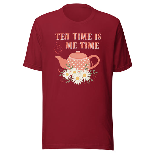 Tea Time Is Me Time T-shirt flat lay on deep red fabric