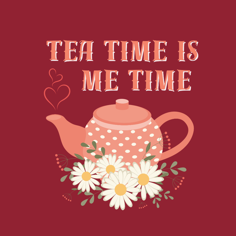 Tea Time Is Me Time teapot illustration close-up on T-shirt