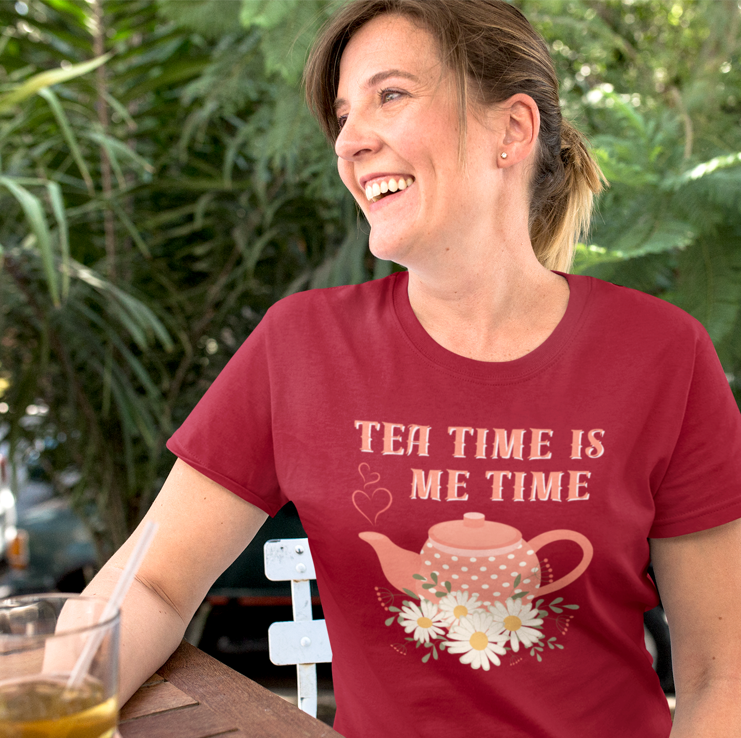 Woman wearing Tea Time Is Me Time T-shirt outdoors enjoying a calm moment