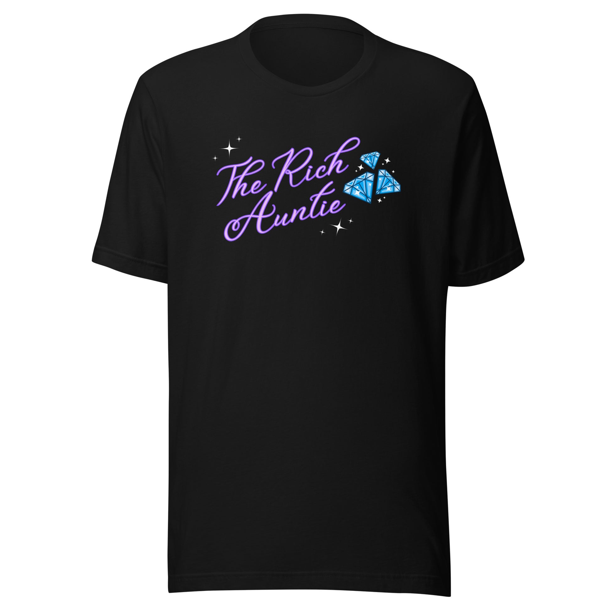 Black T-shirt with The Rich Auntie text and diamond illustration, joyful living auntie design