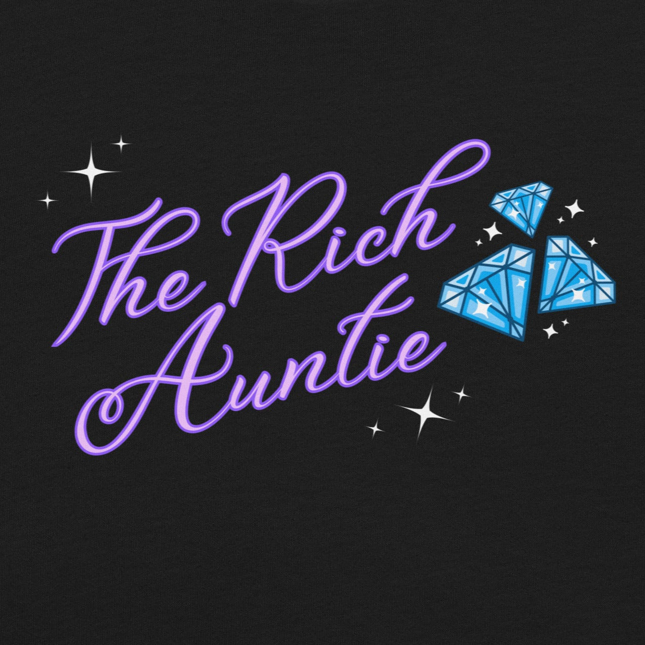 Close-up of The Rich Auntie slogan in purple script with sparkling diamond graphic