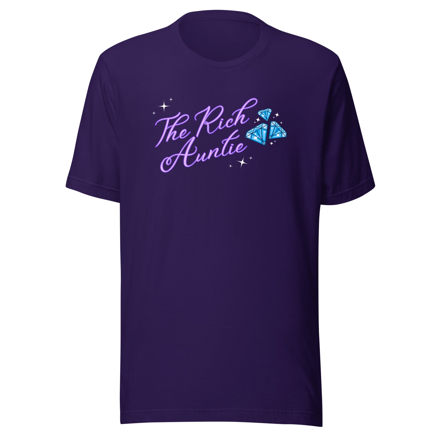 Purple T-shirt featuring The Rich Auntie design, confident auntie style