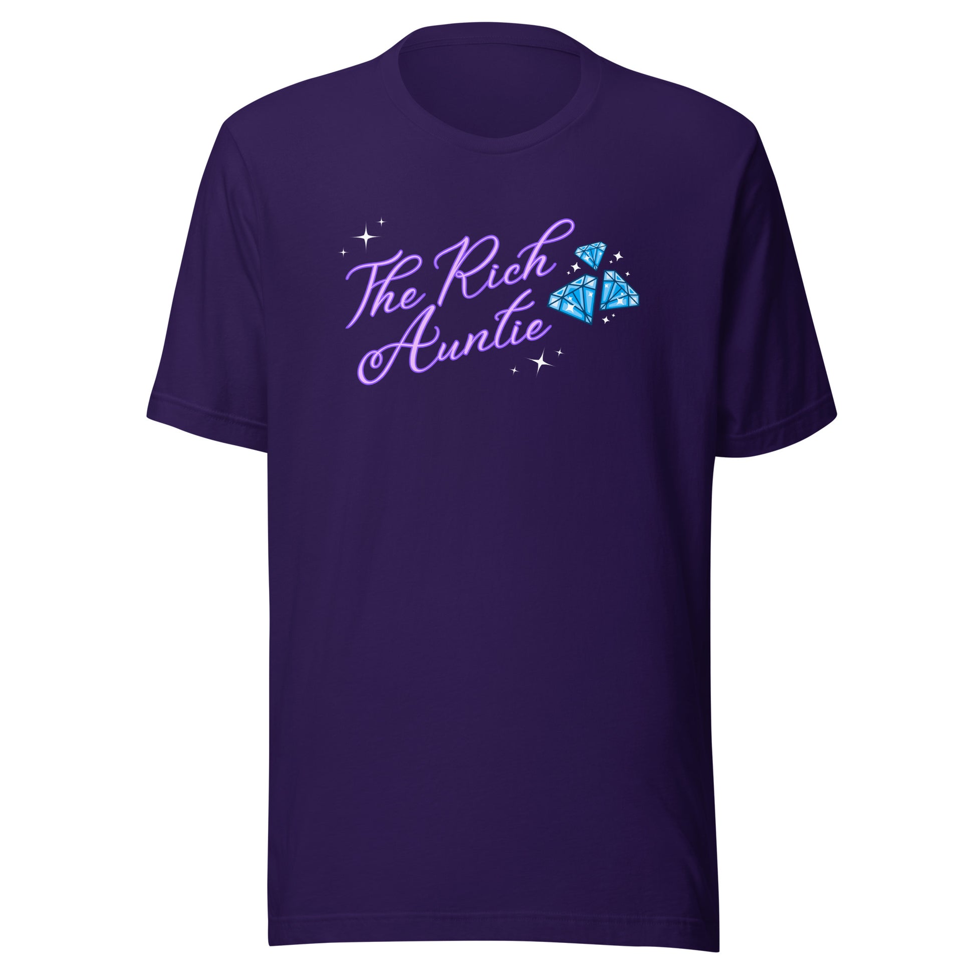 Purple T-shirt featuring The Rich Auntie design, confident auntie style