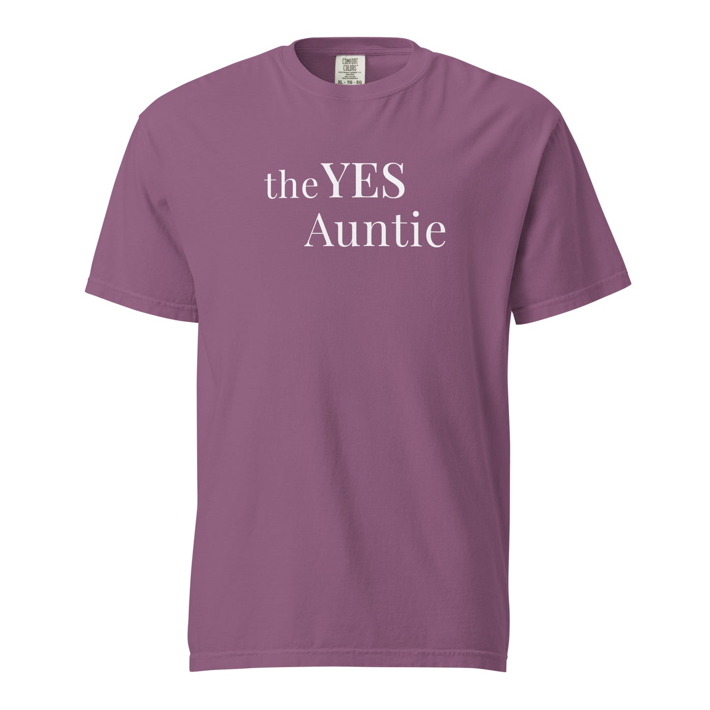 The Yes Auntie T-shirt in berry purple with white typography printed on Comfort Colors cotton