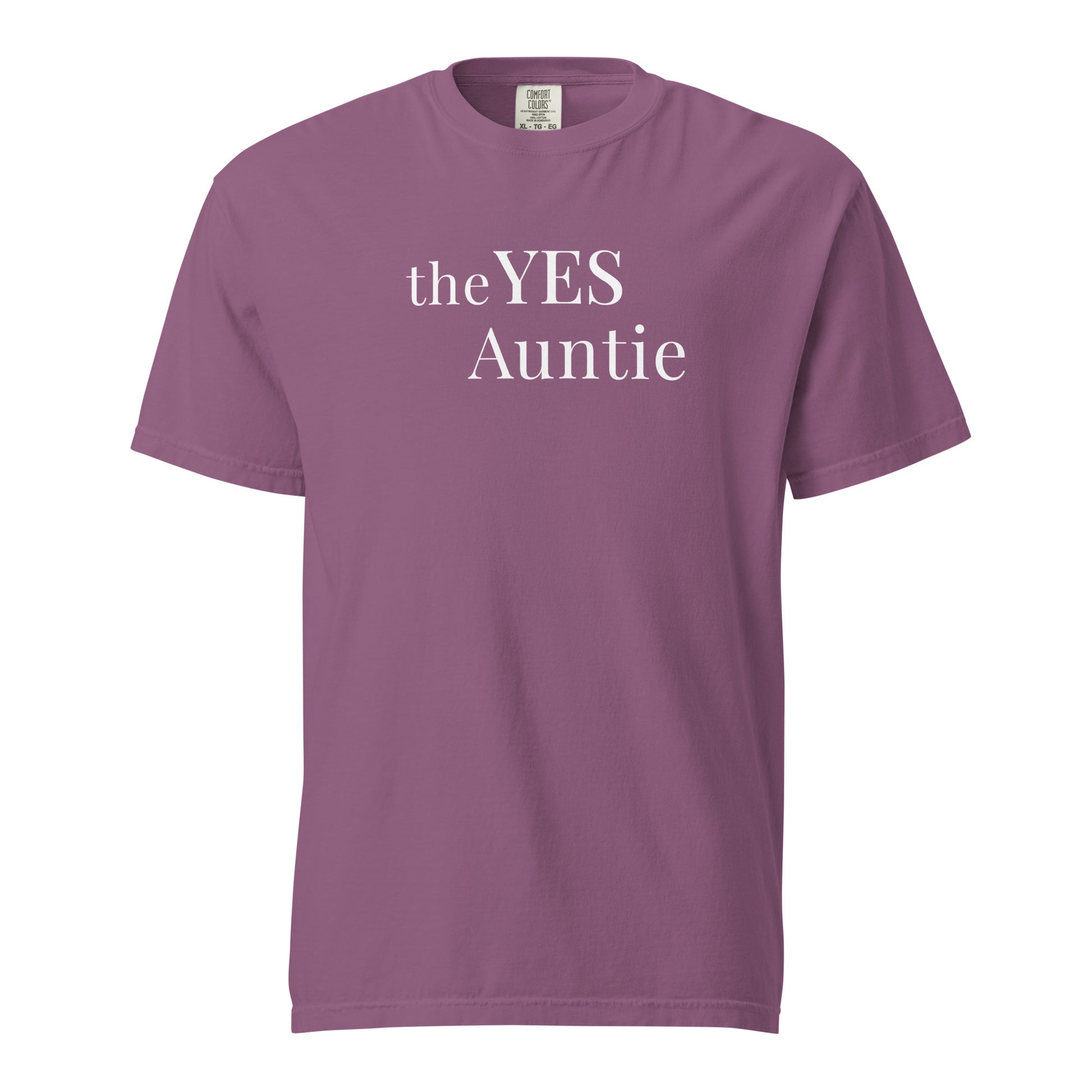 The Yes Auntie T-shirt in berry purple with white typography printed on Comfort Colors cotton