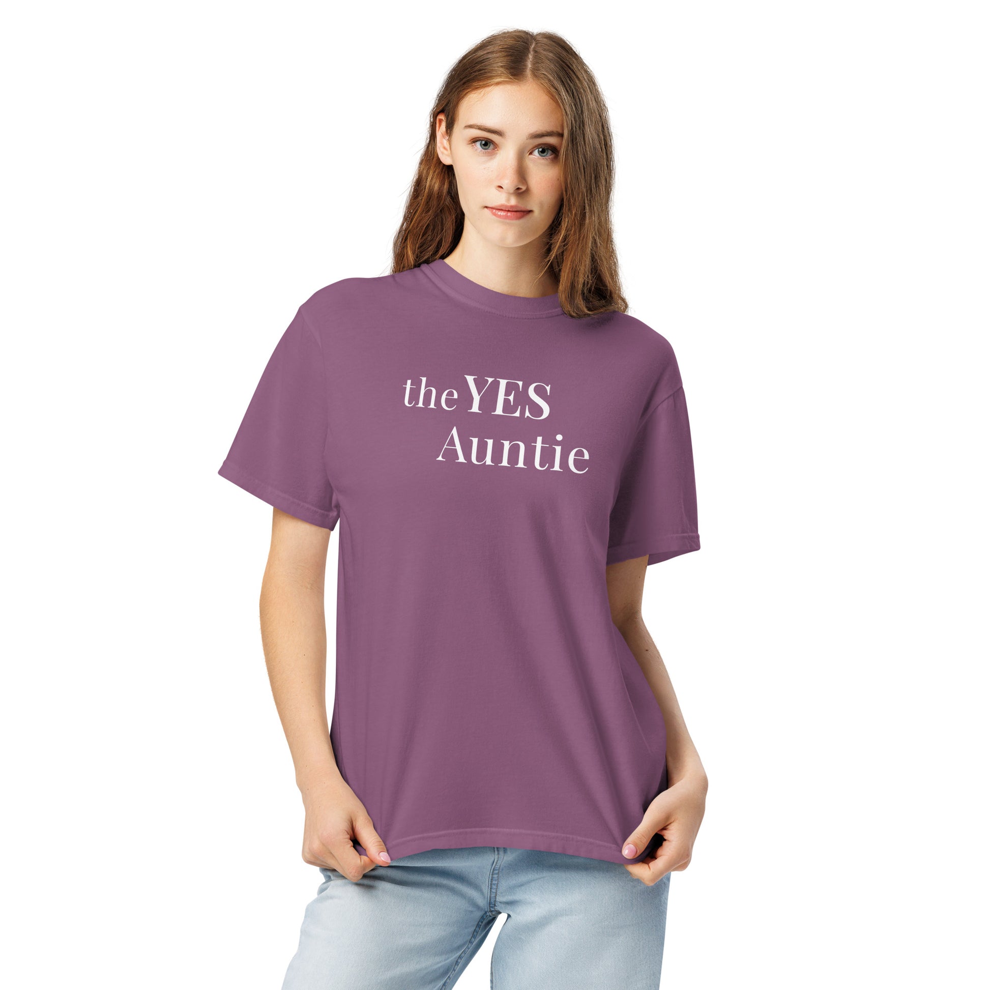 Woman wearing The Yes Auntie T-shirt in berry purple with relaxed fit styling