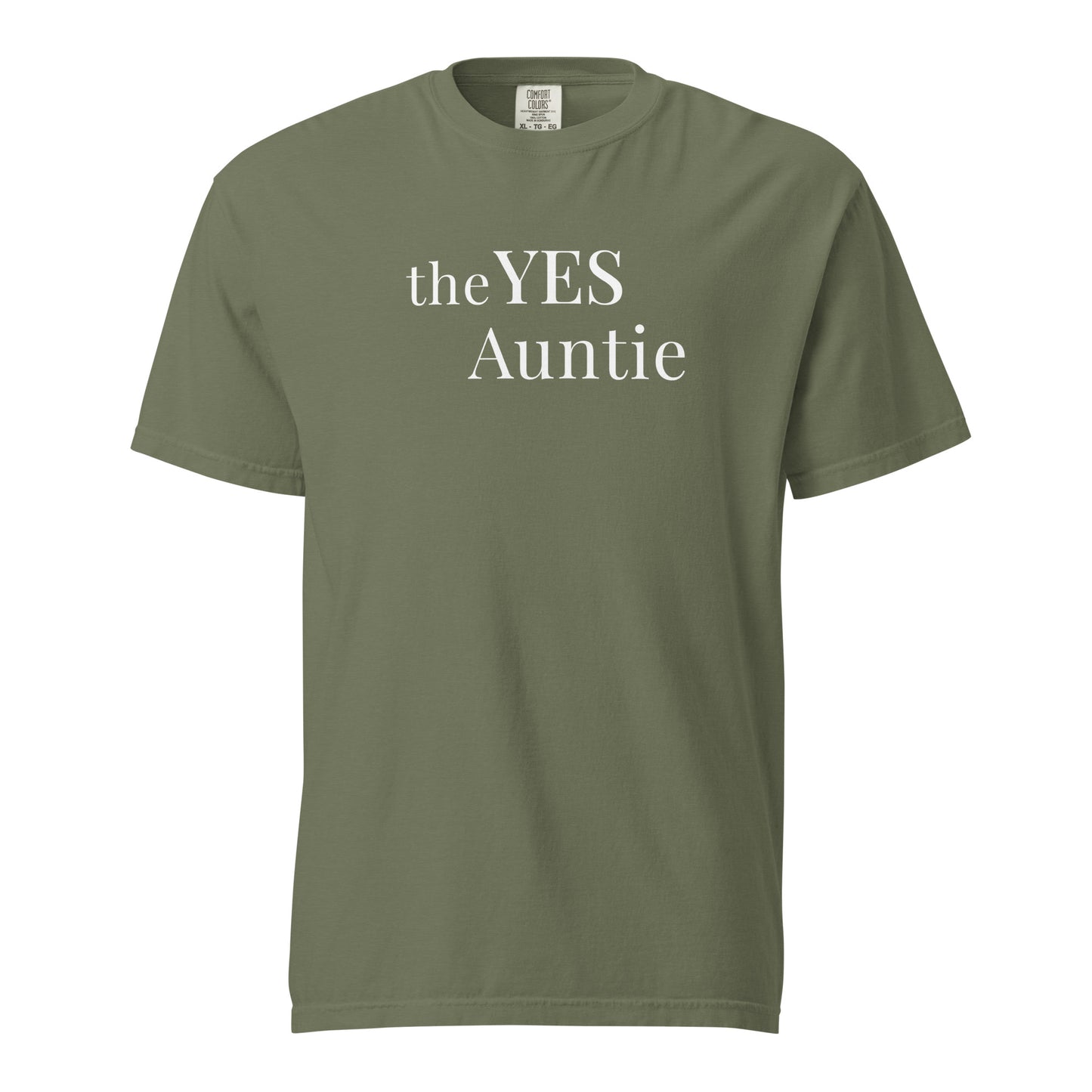 The Yes Auntie Comfort Colors cotton T-shirt in moss green with white typography 