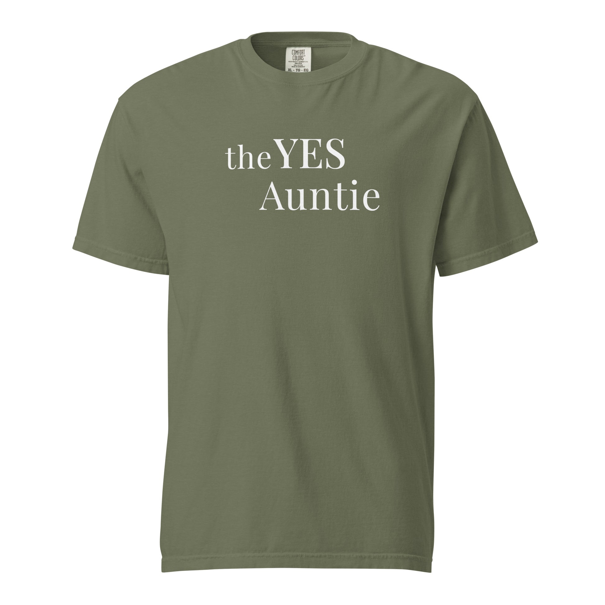 The Yes Auntie Comfort Colors cotton T-shirt in moss green with white typography 