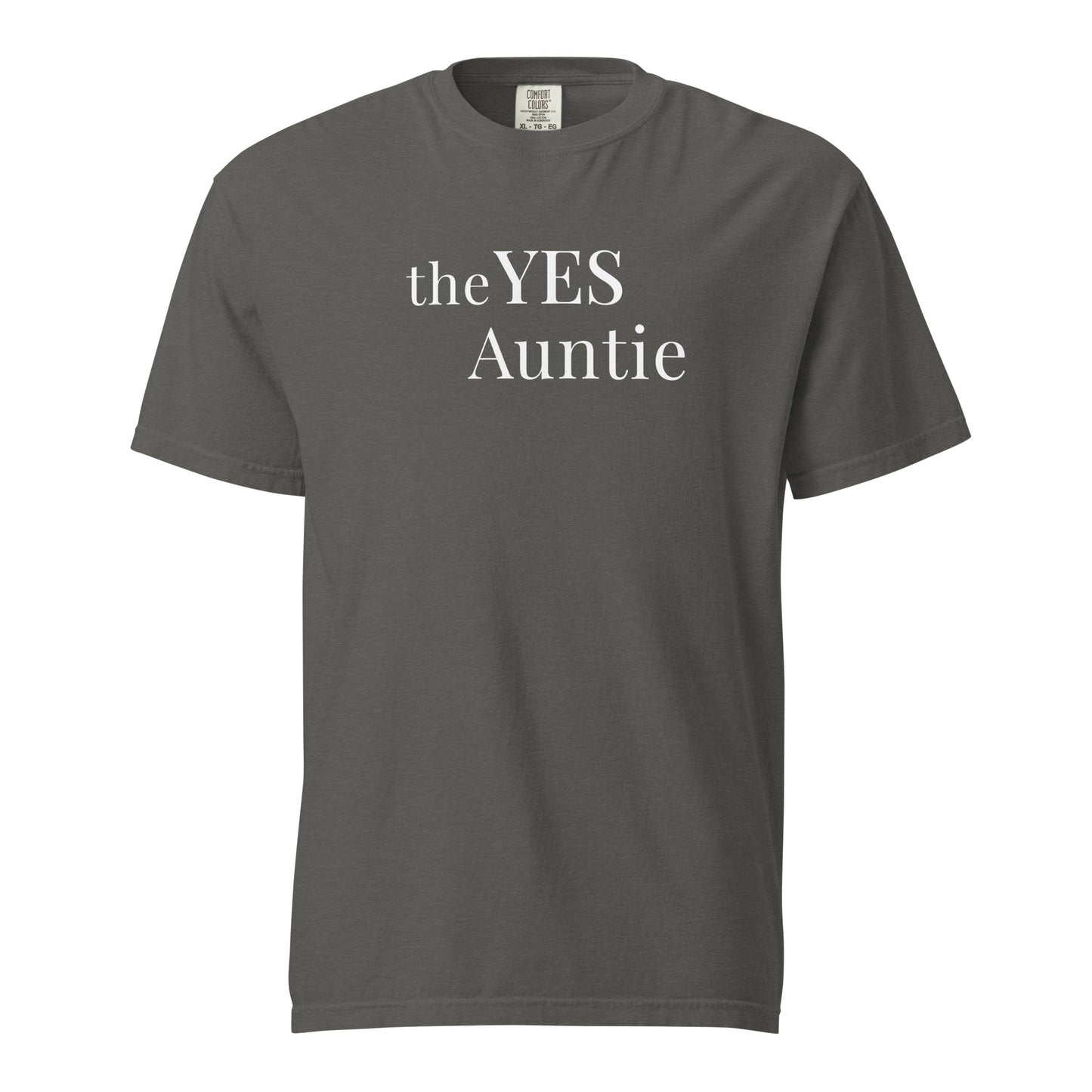 The Yes Auntie T-shirt in pepper grey with white typography printed on Comfort Colors cotton