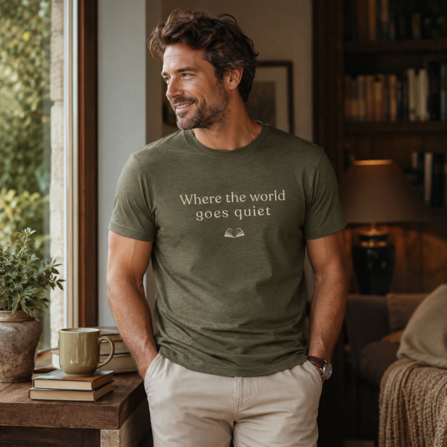 Man wearing the Heather Olive “Where the World Goes Quiet” T-Shirt, standing in a calm, book-lined interior with soft natural light and a relaxed, thoughtful feel.