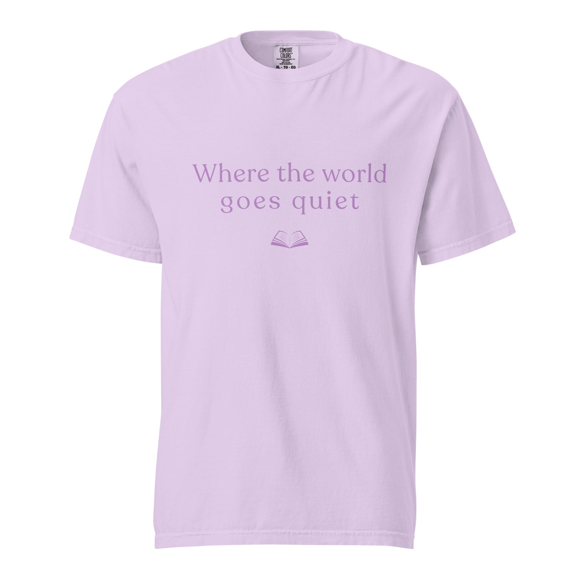 Orchis Comfort Colors T-shirt with “Where the world goes quiet” text and book illustration, soft bookish aesthetic clothing