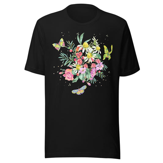 Wildflowers and Wings botanical butterfly T-Shirt in black