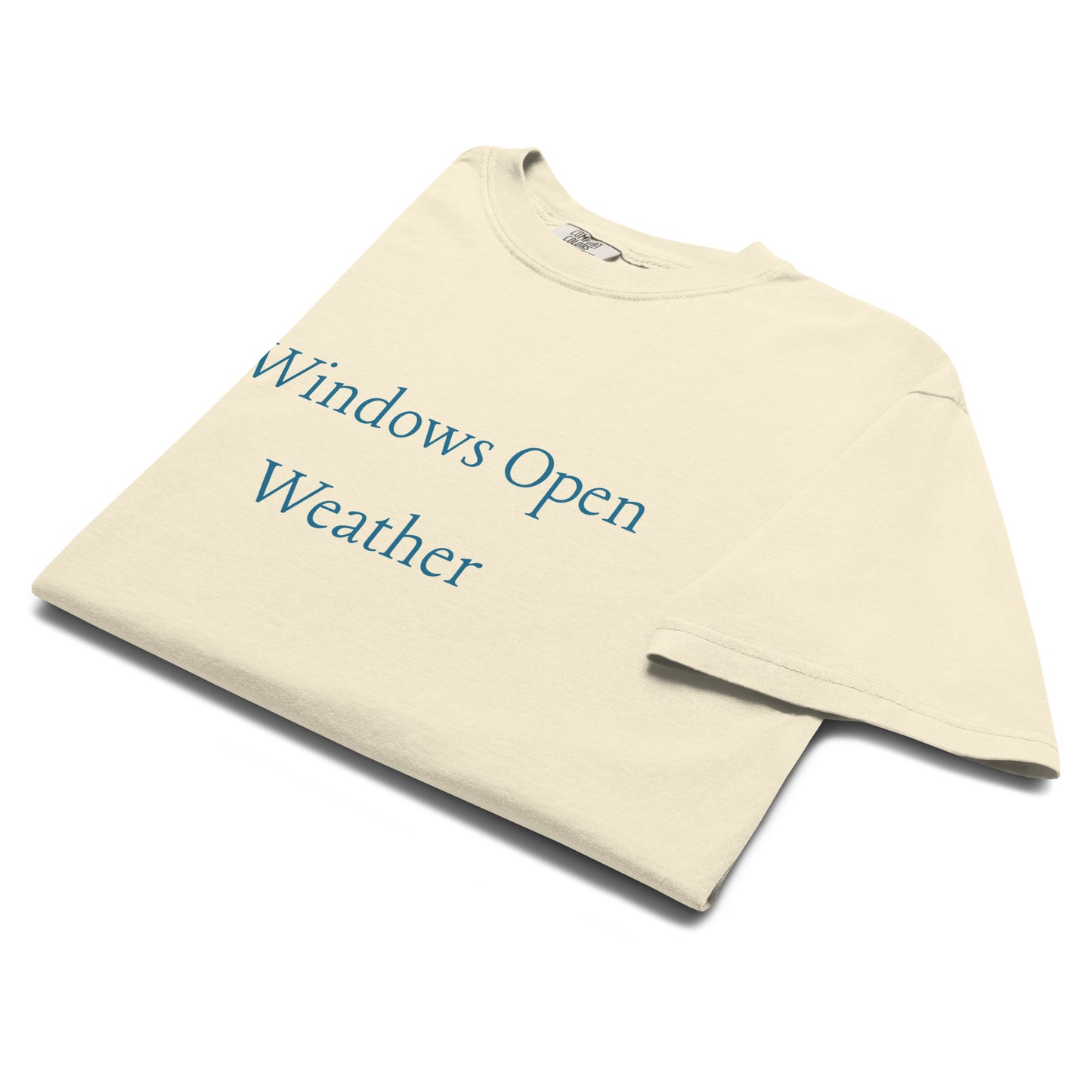 Folded Windows Open Weather T-shirt in ivory with blue text, minimalist spring lifestyle graphic tee