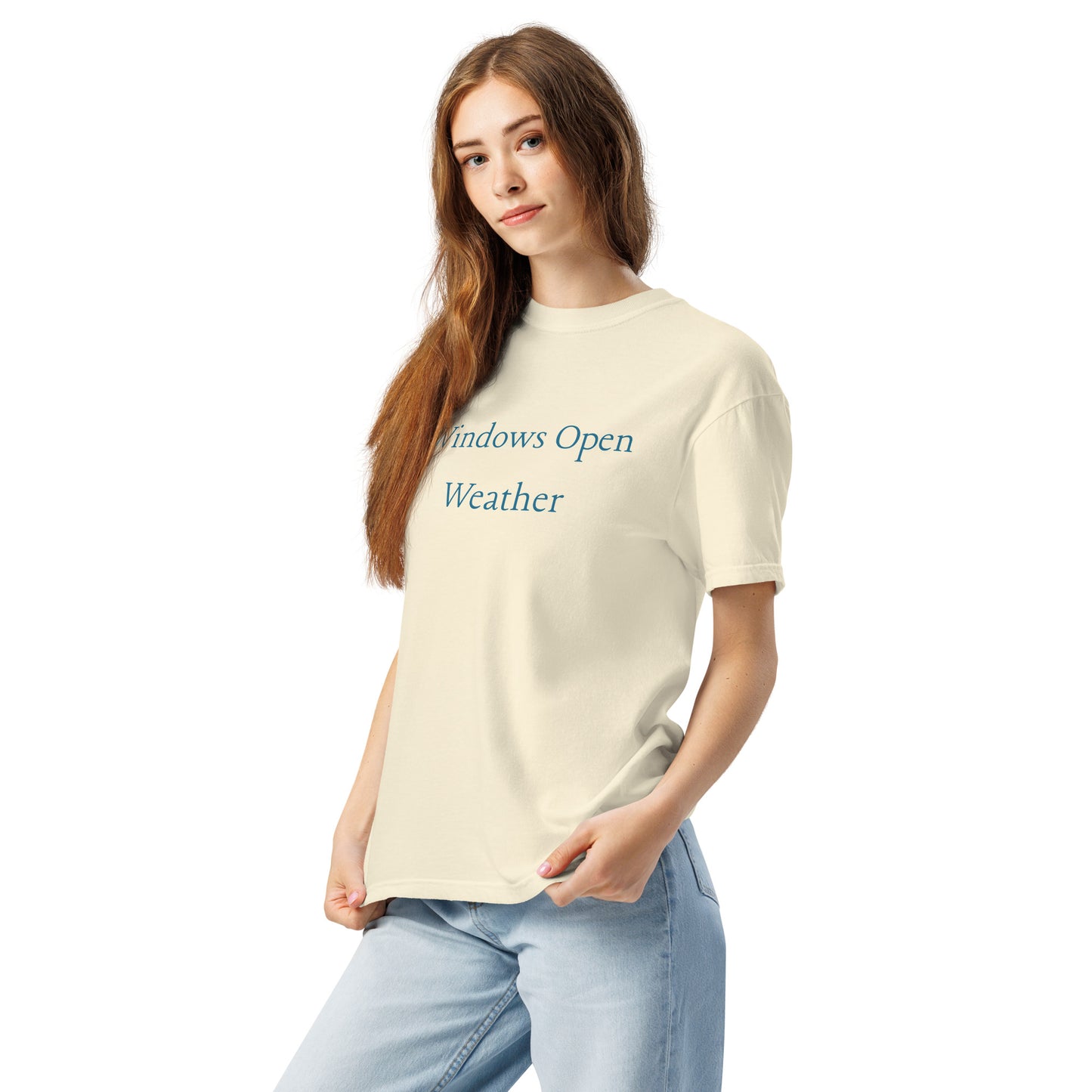 Woman wearing ivory Windows Open Weather T-shirt with blue text, casual spring outfit perfect for light jacket season