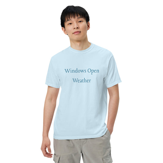 Person wearing chambray blue Windows Open Weather graphic T-shirt, relaxed spring outfit inspired by sunny fresh air days