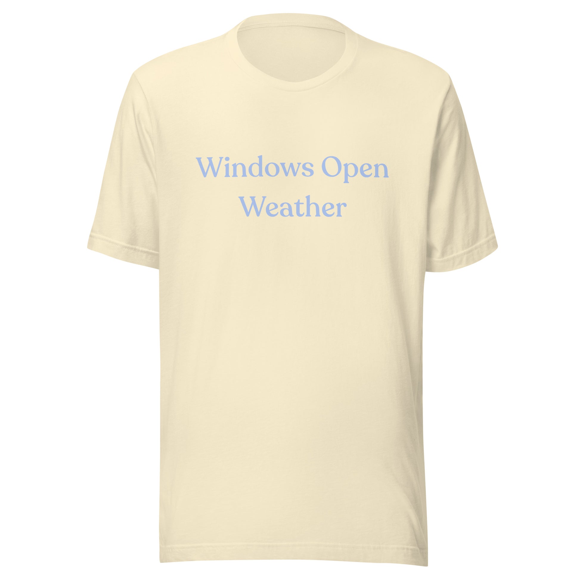 Windows Open Weather T-Shirt in Natural with soft blue text, shown as a flat product mockup.