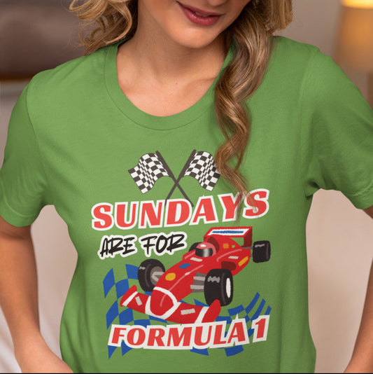 Model wearing Sundays Are for Formula 1 T-shirt styled casually for race day