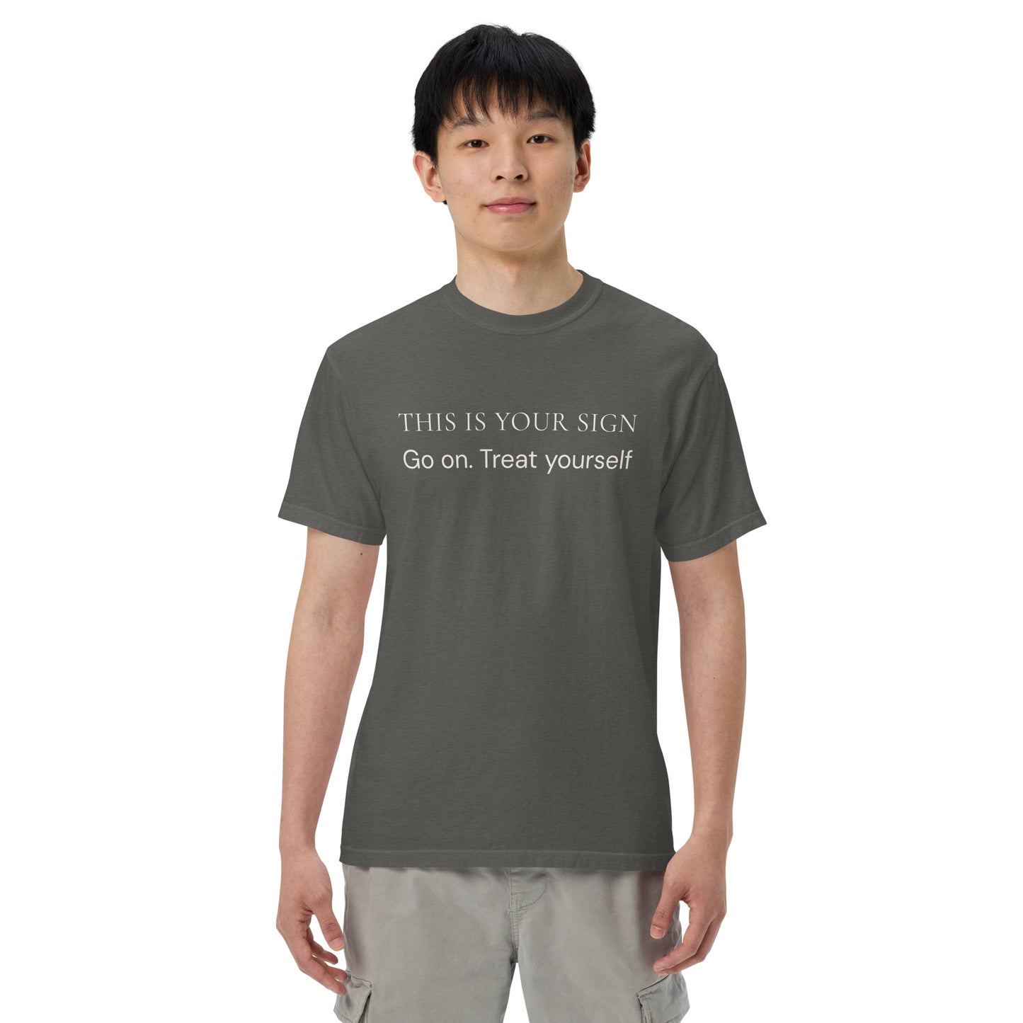 Model wearing Pepper Comfort Colors T-Shirt featuring a gentle treat yourself message
