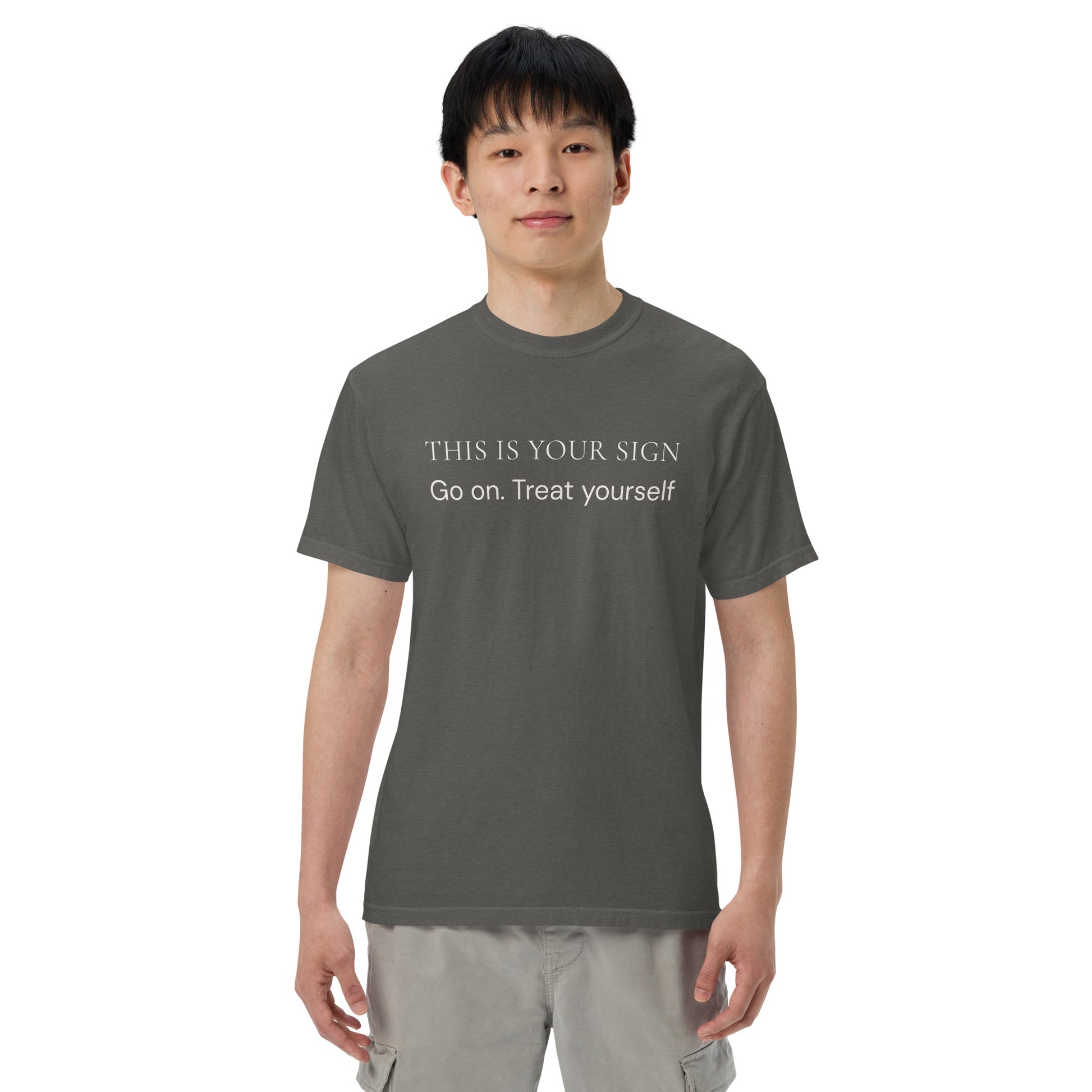 Model wearing Pepper Comfort Colors T-Shirt featuring a gentle treat yourself message