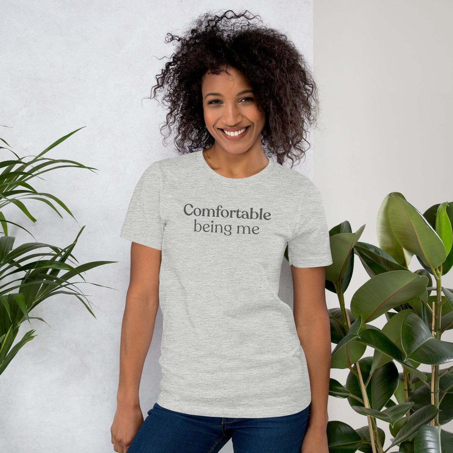 Model wearing Comfortable Being Me T-shirt styled casually for everyday wear