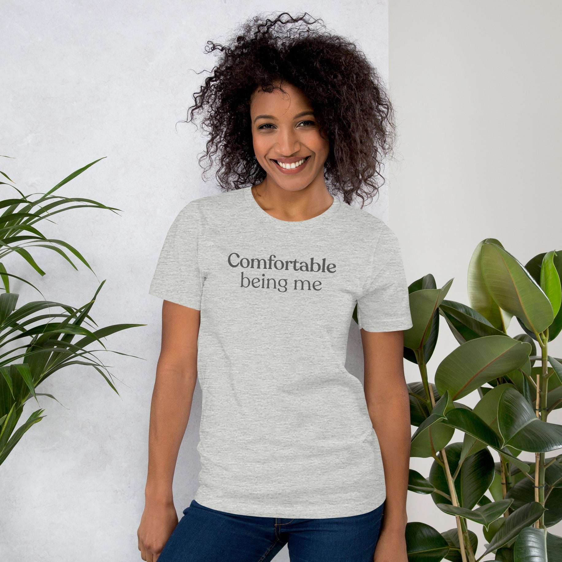 Model wearing Comfortable Being Me T-shirt styled casually for everyday wear