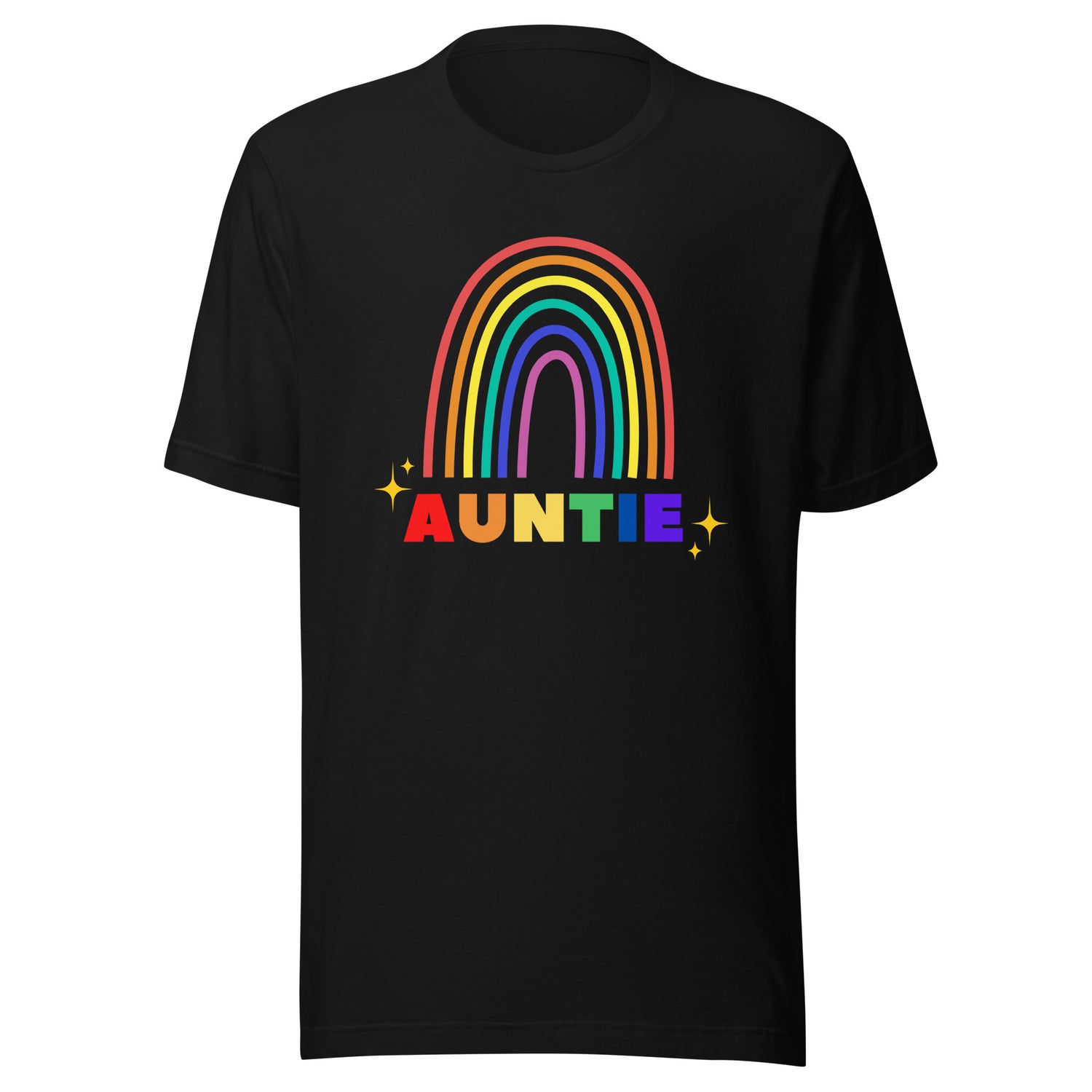 Rainbow auntie T-shirt with colourful rainbow graphic and “AUNTIE” text on black background
