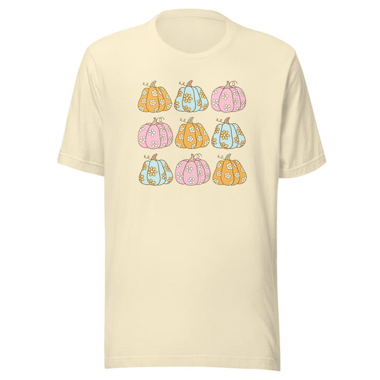 Pastel pumpkin illustration T-shirt on cream background with soft floral pumpkin design