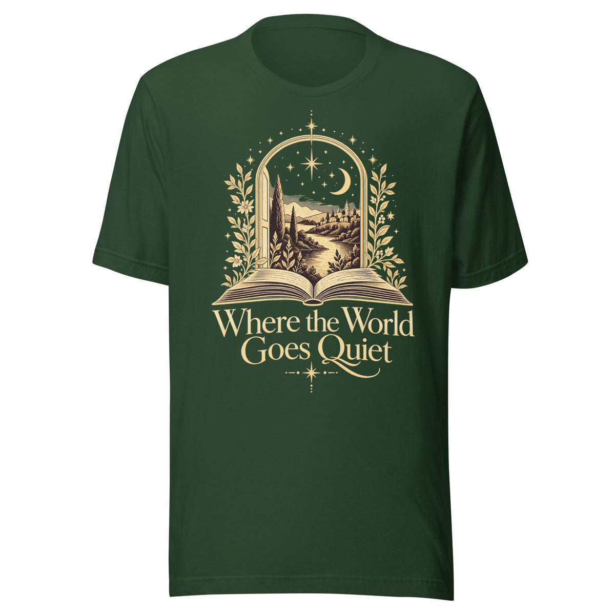Forest green “Where the World Goes Quiet” T-shirt featuring an open book, moonlit landscape, stars and botanical details in warm cream and gold tones.