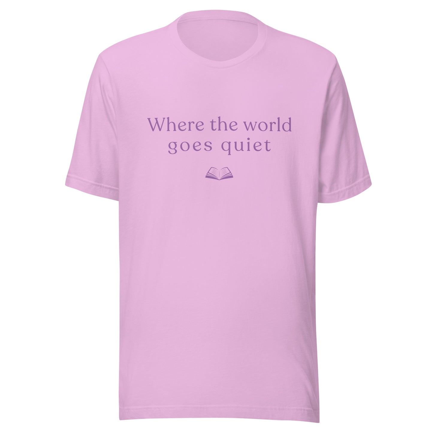 Lilac “Where the World Goes Quiet” T-shirt shown flat with soft purple text and a small open book illustration.