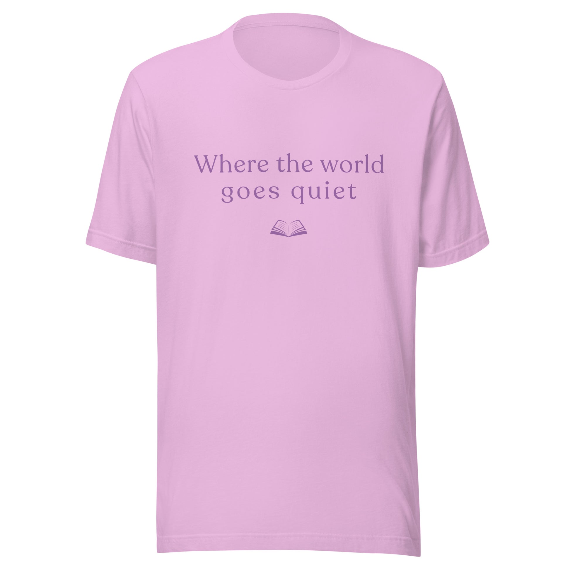 Lilac “Where the World Goes Quiet” T-shirt shown flat with soft purple text and a small open book illustration.