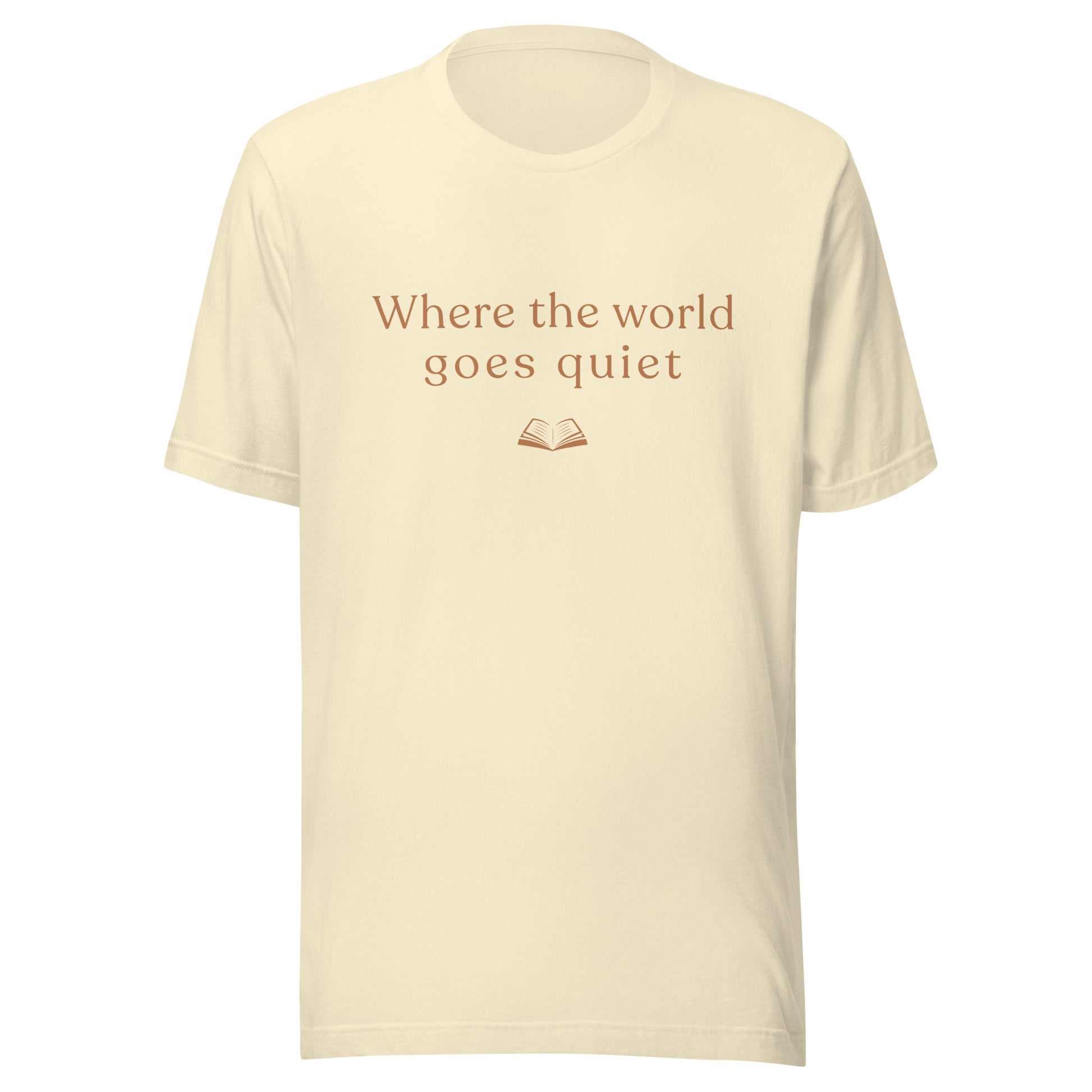 Natural “Where the World Goes Quiet” T-shirt shown flat with terracotta text and a small open book illustration.