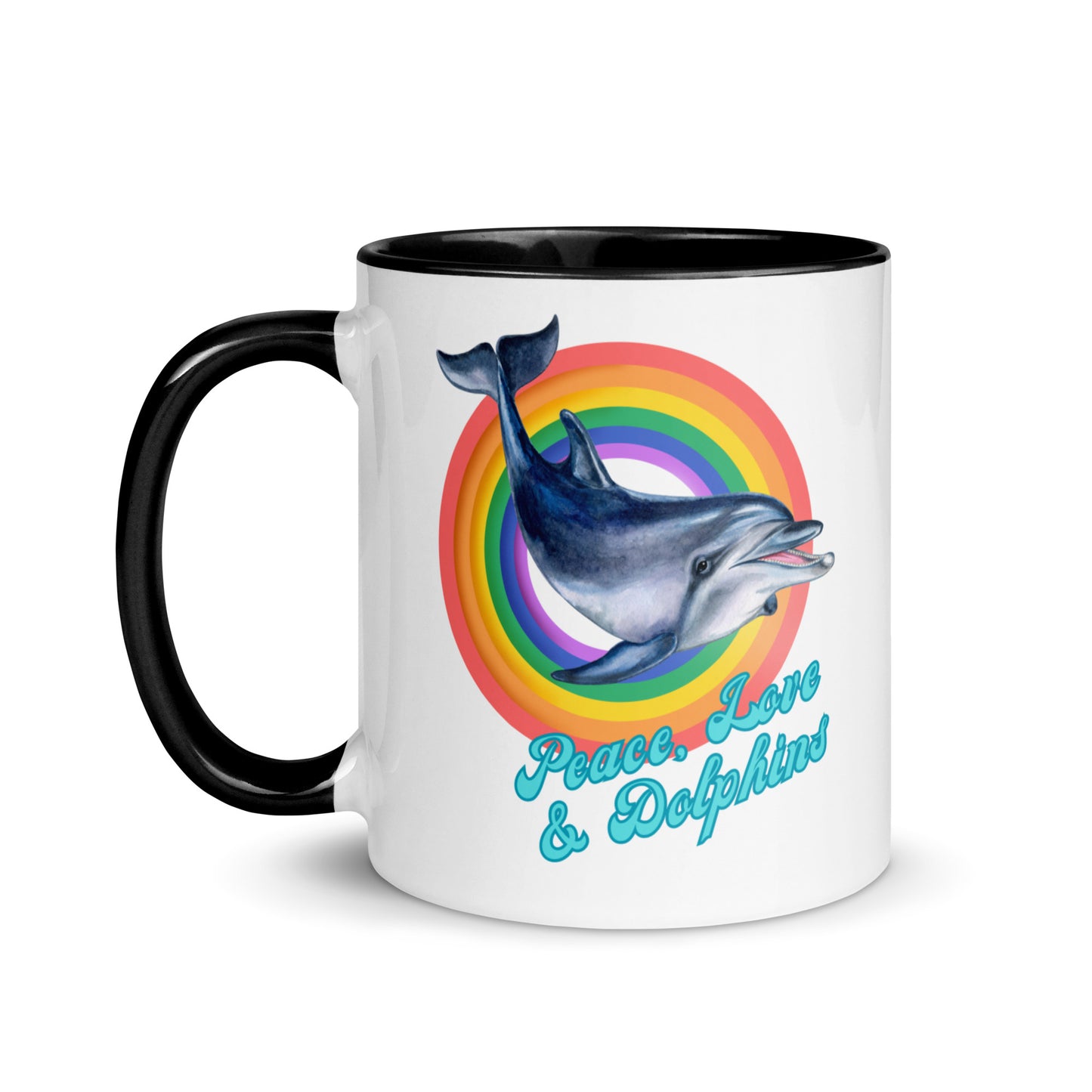 Peace, Love and Dolphins colour-inside mug