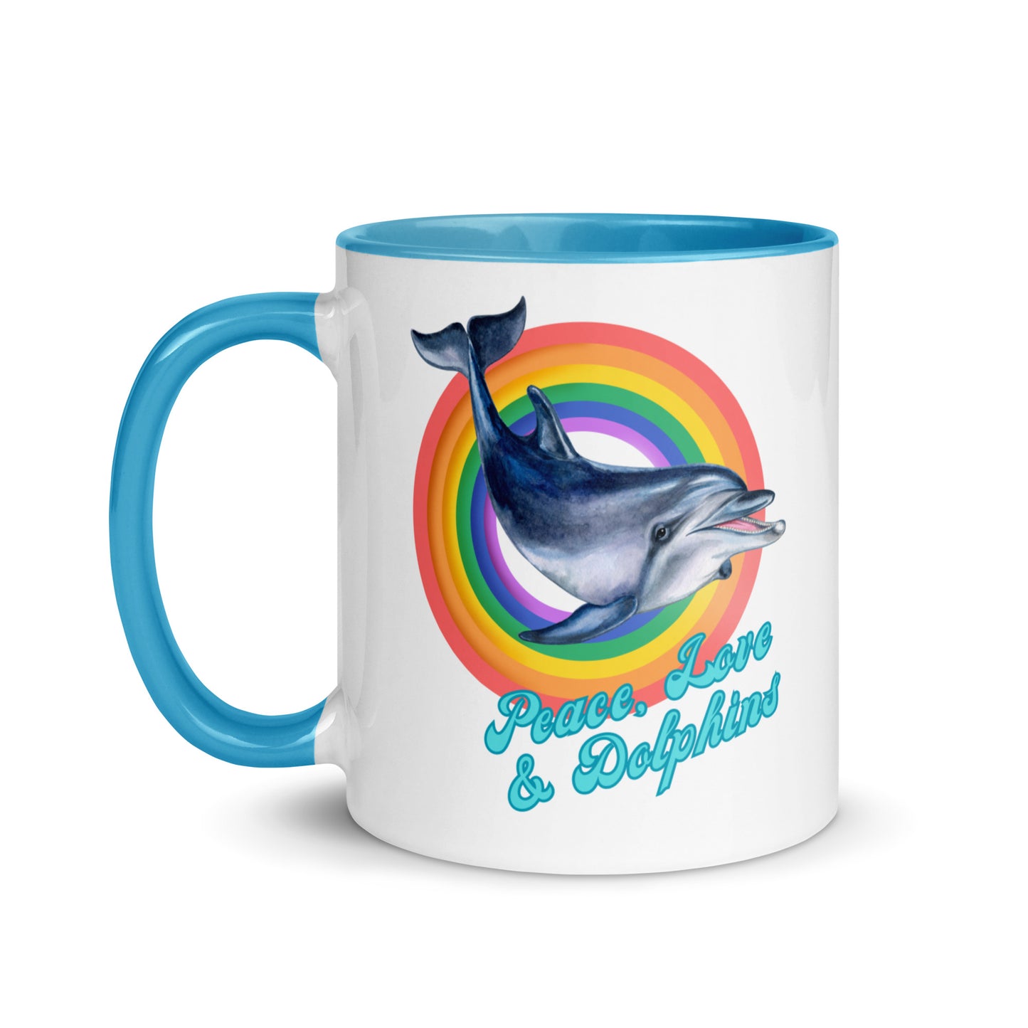 Peace, Love and Dolphins colour-inside mug