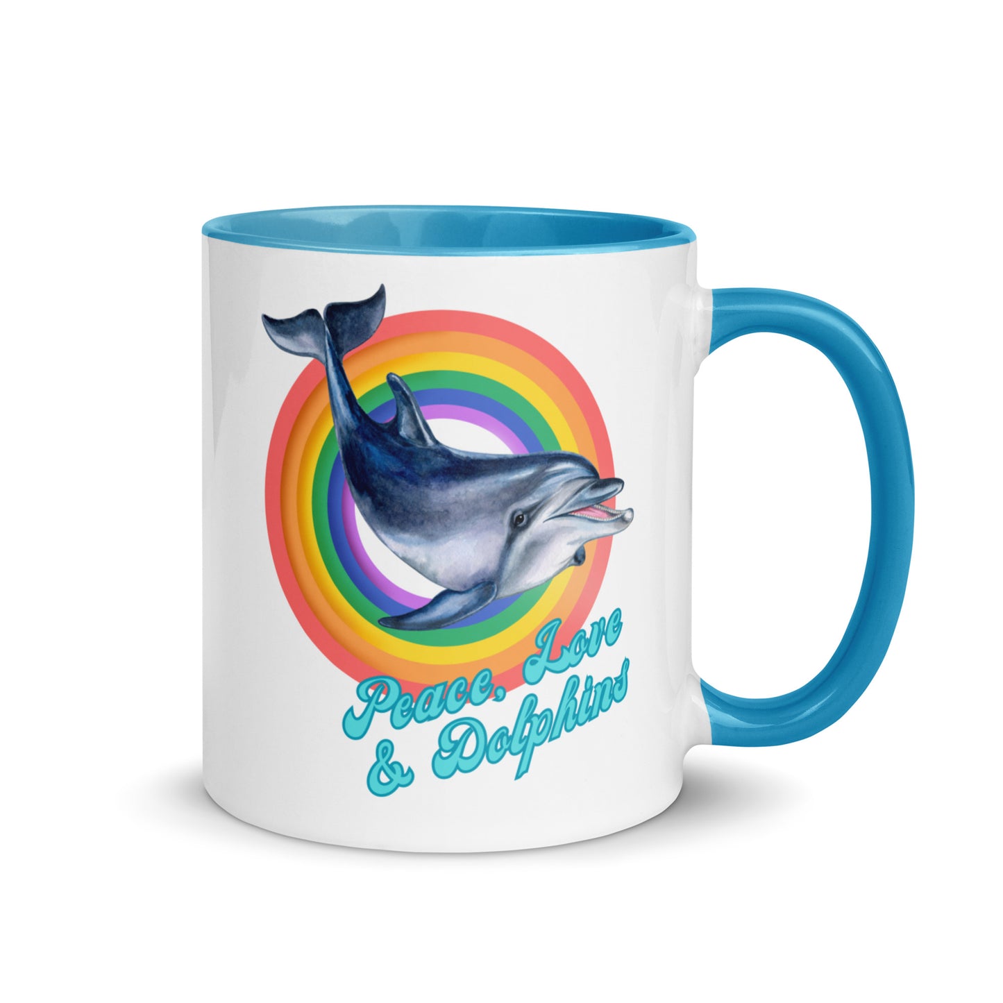 Peace, Love and Dolphins colour-inside mug