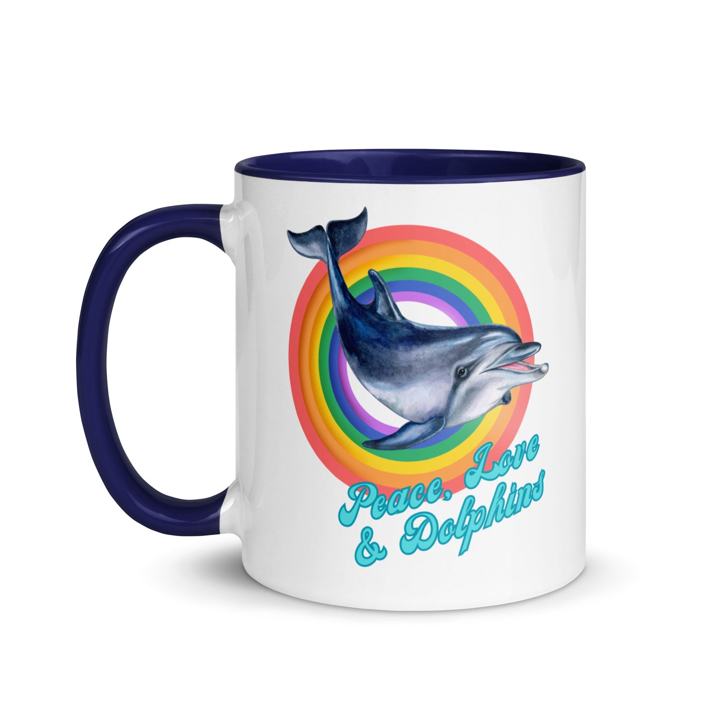 Peace, Love and Dolphins colour-inside mug