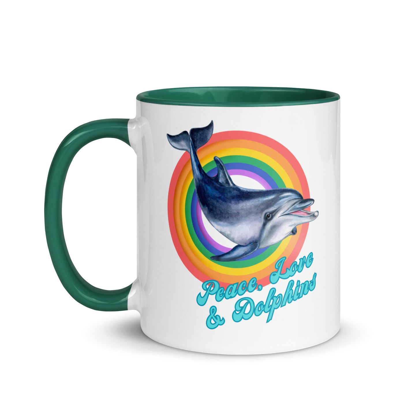 Peace, Love and Dolphins colour-inside mug