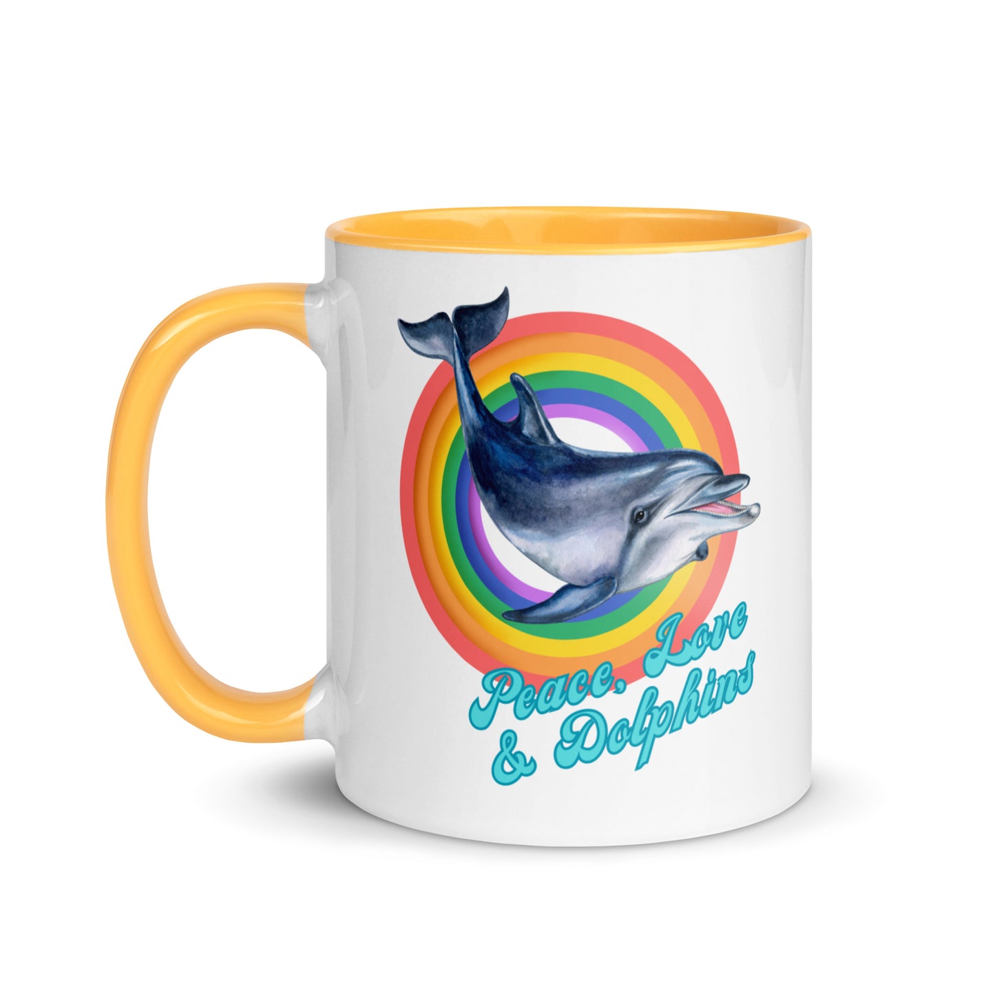 Peace, Love and Dolphins colour-inside mug