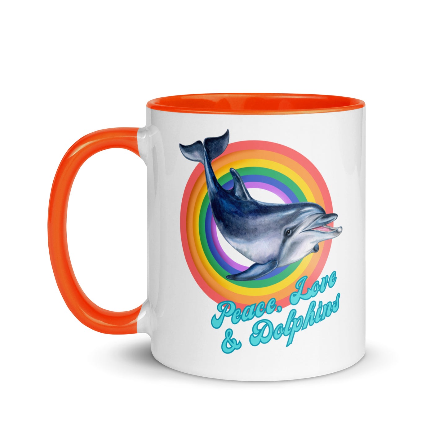 Peace, Love and Dolphins colour-inside mug